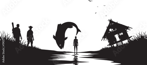 Silhouette of people fishing by a rural hut landscape