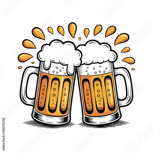 Two overflowing mugs of beer clinking in a celebratory toast
