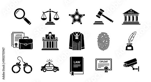 Minimal Law and Justice Icon Set. White Line Symbols