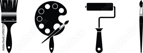 Painting tools icons vector illustration, art equipment silhouettes design, black creative artwork, brush and roller template, cartoon concept for drawing, decoration, and education