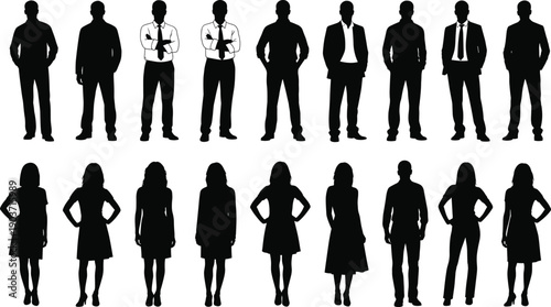 Business people silhouettes collection, male and female figures, professional attire vector set, diverse clothing styles, office team illustration, corporate design