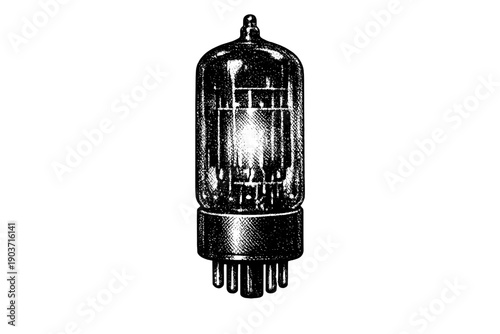 Vacuum tube standing upright and faintly illuminated from within, symbol of early broadcast technology and warmth, black