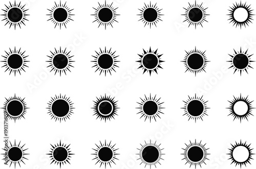 Stylized sun icons collection, abstract solar symbols, decorative sunshine vector set, minimal black and white rays, creative summer energy design illustration