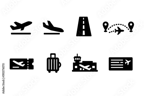 Air travel. Filled icon set of Air travel: takeoff airplane, landing airplane, airport runway, flight path, boarding