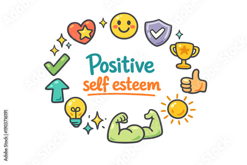 Positive self esteem. Hand drawn illustration of Positive self esteem. heart with star, smiling face, shield, trophy,