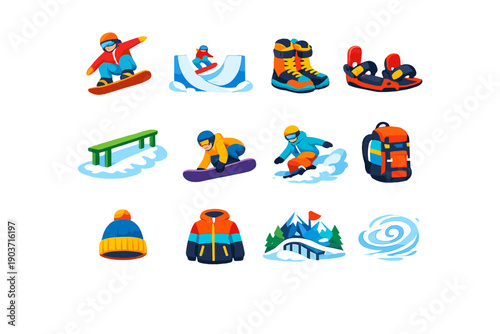Snowboarding. Colorful flat vector icons set of Snowboarding: freestyle snowboarder, halfpipe jump, snowboard boots,
