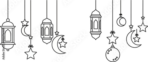 Ramadan decorations with lanterns moons and stars hanging on strings