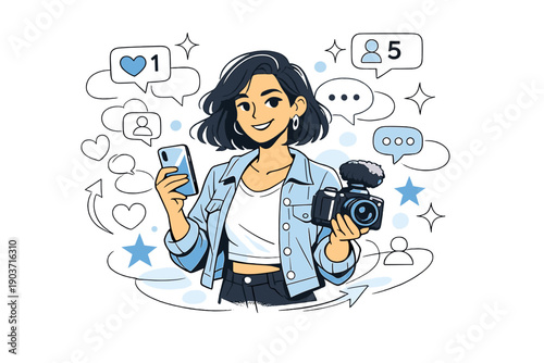 Influencer lifestyle concept. A confident creator holding a smartphone and camera as likes, comments, and abstract stars