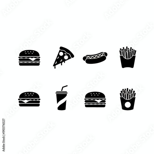 Collection of fast food icons including burgers pizza hot dog fries and soft drink