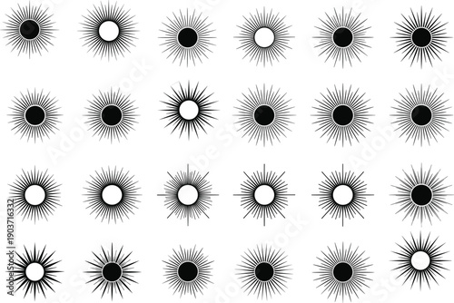 Sunburst icons vector illustration, starburst silhouettes design, black decorative artwork, abstract template, cartoon concept for pattern, geometry, decoration, and education