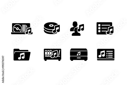 Music library. Filled icon set of Music library: music collection, album stack, artist list, song list, music folders,