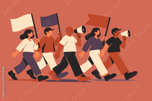 Modern flat illustration, editorial character style, minimalist and expressive, non-realistic poster look; a group of