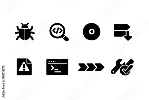 Debugging symbols. Filled icon set of Debugging symbols: debug bug, magnifying glass code, breakpoint symbol, step