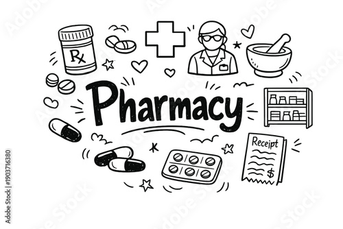 Pharmacy. Hand-drawn doodle illustration of Pharmacy. prescription bottle, pills, mortar and pestle, medical cross,