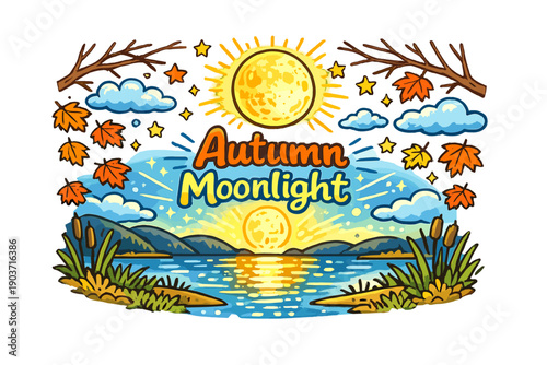 Autumn Moonlight. Hand-drawn doodle illustration of Autumn Moonlight. glowing moon, lake reflection, maple leaves, bare