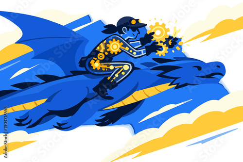 Modern flat illustration, modern character illustration, editorial fantasy style: a fantasy mechanic riding on the