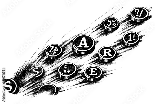 Flying Typewriter Keys. Vintage typewriter keys flying diagonally across the frame, some cropped by the edges, motion