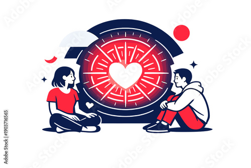 Heart's Radiant Transformation. Emotional healing journey. A heart split in two reshapes into a bright core of light,