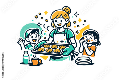 Sweet kitchen scene. A tray of cookies emerging from the oven, crumbs and sparkles floating playfully around. Light,