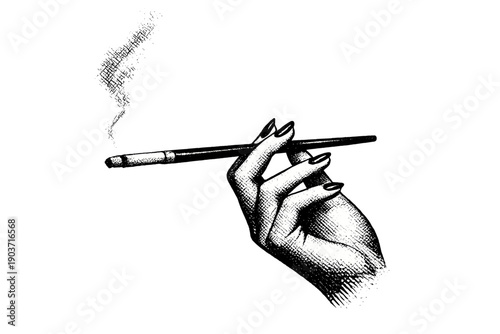 Woman’s cigarette holder held delicately between fingers, thin smoke implied through halftone shadow gradients, classic