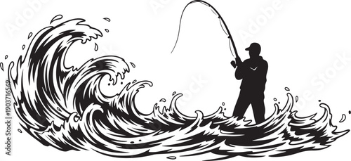 Man fishing in ocean waves with large fishing rod