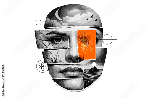 Modern Collage Portrait. A human face divided into clear conceptual sections, facial planes separated into cut-out