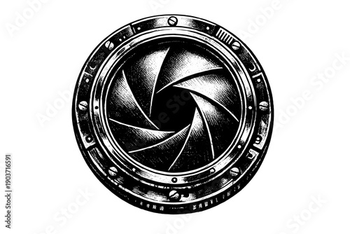 Classic camera shutter treated as an industrial icon, circular mechanism dominating the frame with sharp contrasts and
