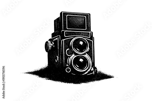 Vintage Camera Silhouette. Vintage twin-lens reflex camera body partially visible as it rises from shadow, iconic