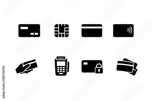 Credit card. Filled icon set of Credit card: credit card front, credit card chip, magnetic stripe card, contactless card