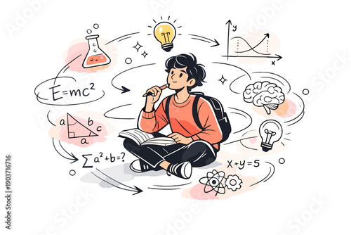 Knowledge in Motion. A learner surrounded by formulas, diagrams, and lightbulb icons orbiting gently. Active thinking,
