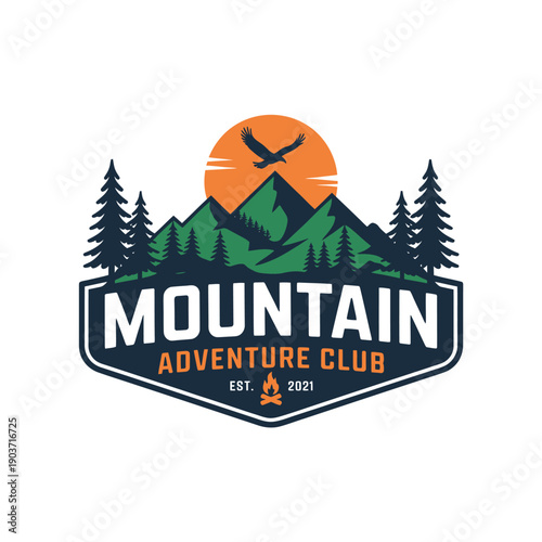 Vintage mountain adventure club emblem with bird trees and sunset
