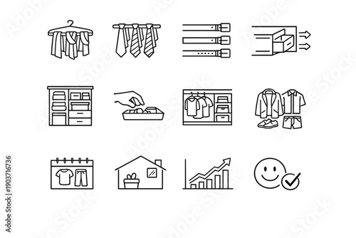 Accessory Storage Organization. Line outline icon set of Accessory Storage Organization: neatly hung scarves, organized