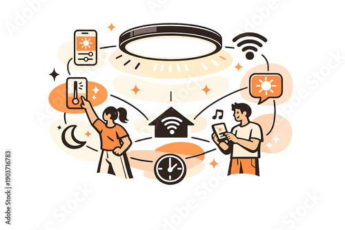 Smart home lighting. A ceiling light fixture connected to app icons and subtle signals, brightness adjusting smoothly.