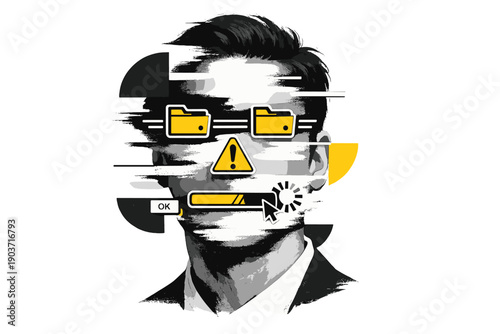 A black-and-white portrait partially erased by abstract shapes and repeated lines, facial features replaced by symbols