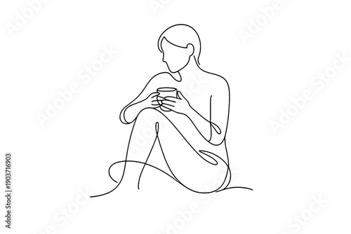 Minimalist Evening Relaxation. Evening wind-down moment. Minimalistic one-line drawing seated figure enjoying a quiet