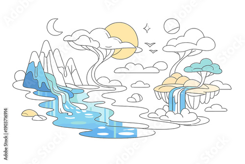 Surreal environmental art: melting landscape harmony. Mountains flowing like liquid into rivers, trees bending into