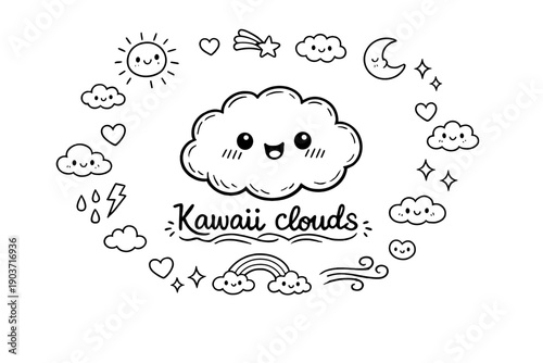 Kawaii clouds. Hand-drawn doodle illustration of Kawaii clouds. In the middle, one slightly larger central doodle