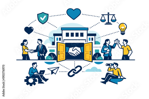 Trust and accountability culture. A corporate building with open doors, leaders and employees connected by clear lines