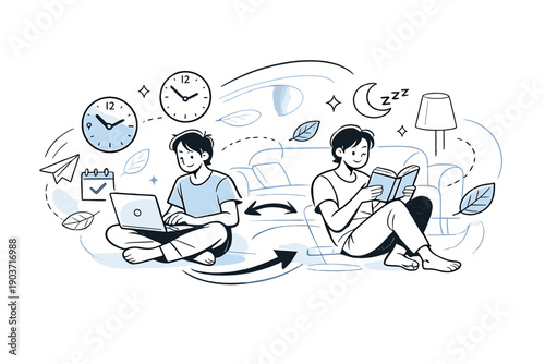 Work-life balance comfort. A person switching between a laptop and a book, with a sofa and lamp outlined softly in space