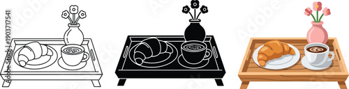 Breakfast tray with croissant coffee and flowers presented in three styles outline silhouette and full color vector illustration for hospitality and food concepts