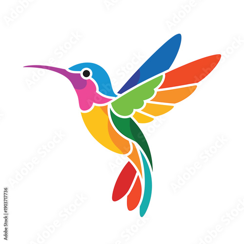 A colorful geometric hummingbird illustration in a dynamic flight pose