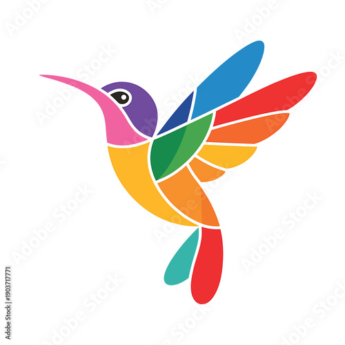 A vibrant colorful hummingbird illustration with geometric patchwork details