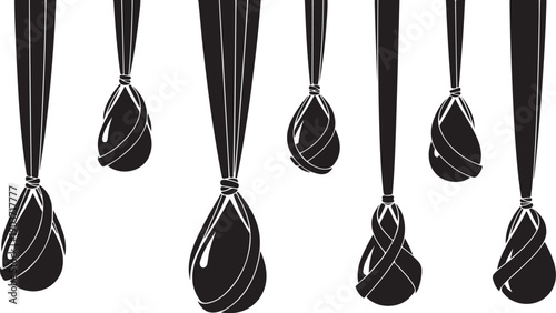Black teardrop shapes hanging from long thin lines illustration