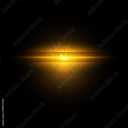 Yellow line light effect. Golden glowing neon lines. The golden glow of dust and glare. Flash of light. gold dust bokeh. Gold confetti shimmers on a dark background