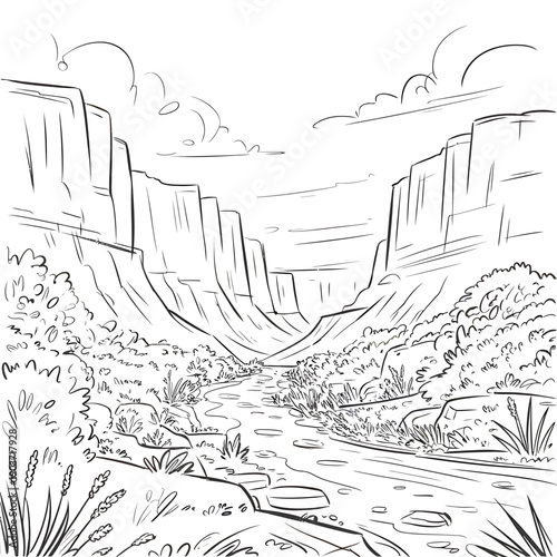 A detailed line drawing depicts a canyon landscape with a flowing river