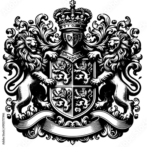 Royal Emblem of Prestige: A regal coat of arms, adorned with majestic lions, an ornate crown, and intricate heraldic details, representing heritage and authority.