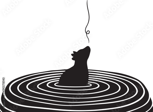 Dog silhouette in water with concentric circles and hook