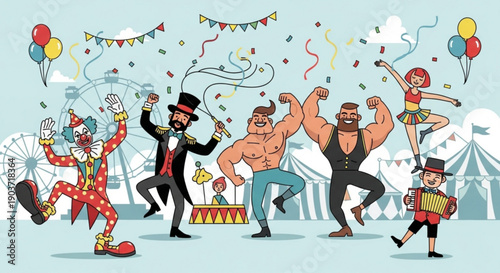 Vibrant circus performers dance joyfully at festive carnival celebration with balloons