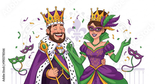 Mardi gras king and queen celebrating with masks and confetti