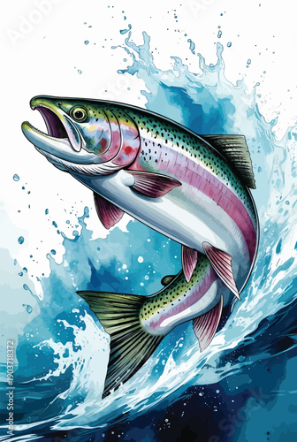 Rainbow Trout Jumping Water Splash Color Art